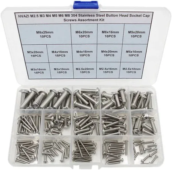 Metric M2.5 M3 M4 M5 M6 M8 304 Stainless Steel Button Head Socket Cap Screws Assortment Kit