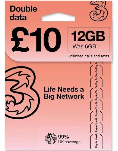 PrePaid Europe UK THREE sim card 12GB data+3000 minutes+3000 texts for 30 day...