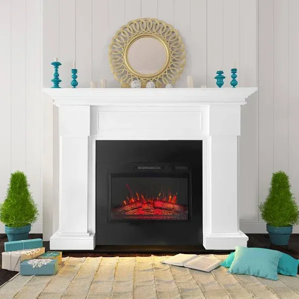 White Electric Fireplace Mantel with Remote Control and Flame Effects