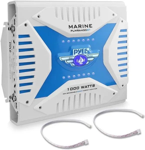 Pyle 2.1 Bluetooth Marine Amplifier Receiver - Waterproof 4 Channel Wireless Bridgeable Audio Amp for Stereo Speaker with 1000 Watt Power Dual MOSFET Supply, GAIN Level and LED Indicator - PLMRA430BT