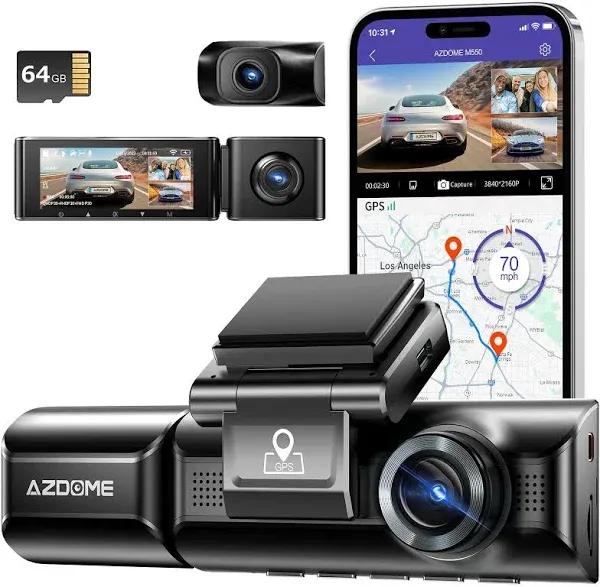 Azdome M550 Dash Cam 3 Channel Built in WiFi GPS with 64gb Card