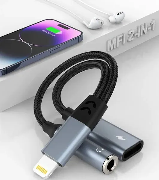 iPhone Headphone and Charger Adapter 2-in-1 Lightning to 3.5mm AUX Audio + Lightning Charger Dongle Splitter for iPhone 14/13/12/11 Pro Max/Pro/Plus/Mini/XR/XS/8/7/6 Plus-Apple MFi Certified