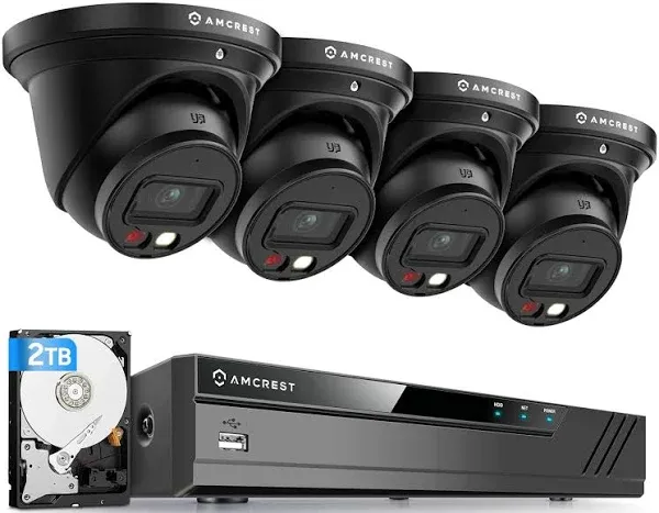 Amcrest 5MP Security Camera System, 4K 8CH PoE NVR, (4) x 5-Megapixel Night Color Turret POE IP Cameras, Active Deterrent, Pre-Installed 2TB Hard Drive, NV4108E-T1277EB4-2TB (Black)