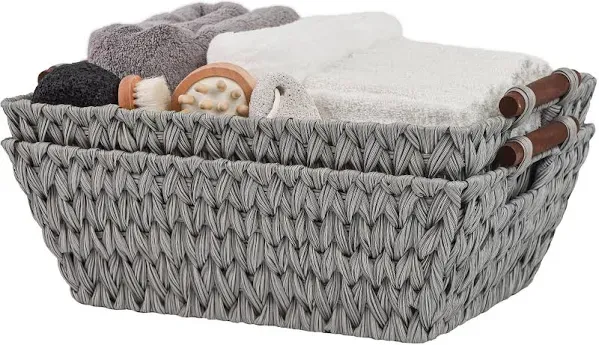 Granny Says 2-Pack Wicker Storage Baskets, Wicker Baskets for Organizing, Trapezoid Woven Basket with Handles,Wicker Storage Basket for Shelves, Gray