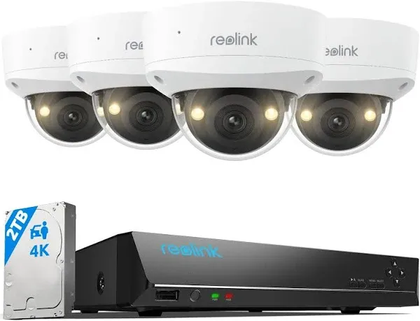 REOLINK 4K Security Camera System, 4pcs 4K UHD IK10 Vandalproof PoE Surveillance Cams Wired Outdoor, 8CH NVR 2TB HDD, Color Night Vision, Smart Detection, 2-Way Talk, IP67 Weatherproof, RLK8-800V4