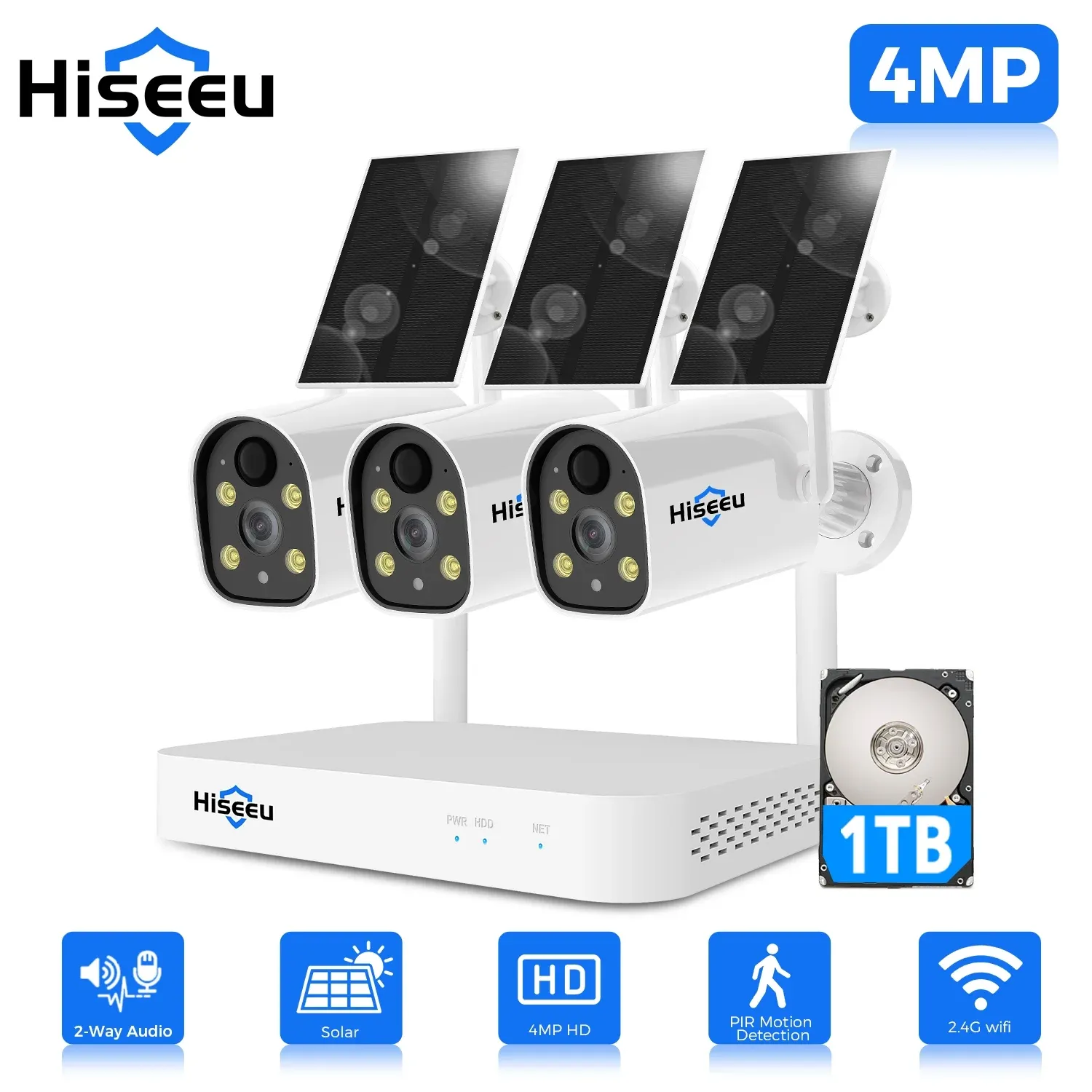 Hiseeu Solar Battery Wireless Security Camera 4MP Home Outdoor Cameras System with 10CH NVR 1TB HDD  Color Night Vision PIR Motion Detection