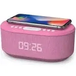 I-Box Bedside Radio Alarm Clock with USB Charger, Bluetooth Speaker, Qi Wireless Charging, Dual Alarm & Dimmable LED Display (Pink)