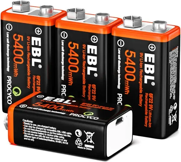 EBL USB Rechargeable 9V Lithium Batteries - 5400Mwh Long Lasting Li-Ion Batterie