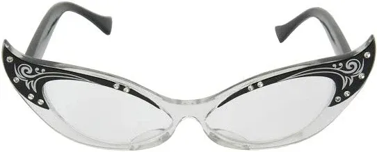 Vintage Cat Eye Glasses - Black Plastic Frame with Rhinestones, One Size Fits Most, Classic Shape with Points