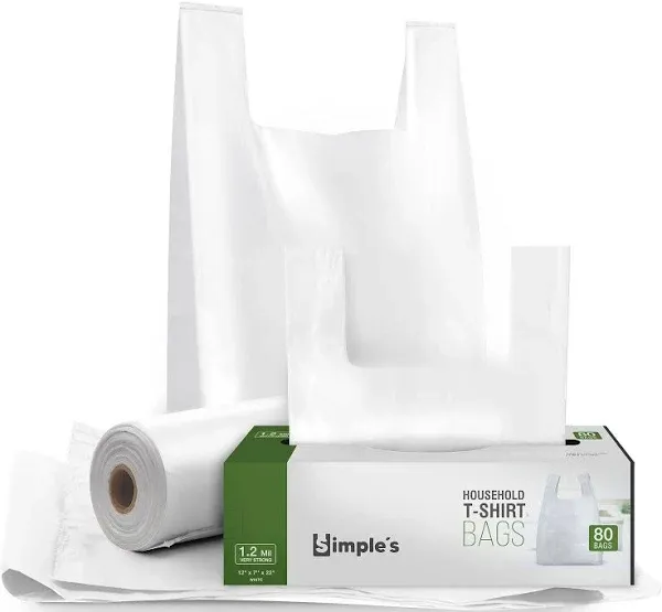 Simple's Plastic Bags with Handles For Small Business,(80 Count) Very Strong Shopping Bags, Grocery bags, plastic t-shirts bag, to go bags, Bag Dispenser Roll - Measures 12"x7"x22", 1.2 Mil Thickness