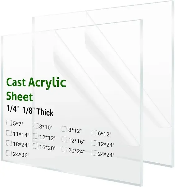 2 Pieces 20" x 24" Cast Plexiglass Sheet -1/8" Thicknesses Clear Acrylic Sheet Clear Plastic Sheet, for Sign,Craft, Photo Frame, DIY Display Projects, Cut with Engraver, Power Saw, Laser or Hand Tools