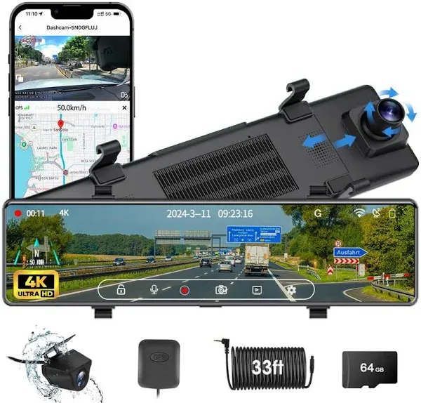 4K Mirror Dual Dash Cam, 12&#034; HD Rear View Mirror Dash Camera for Cars with Wi...