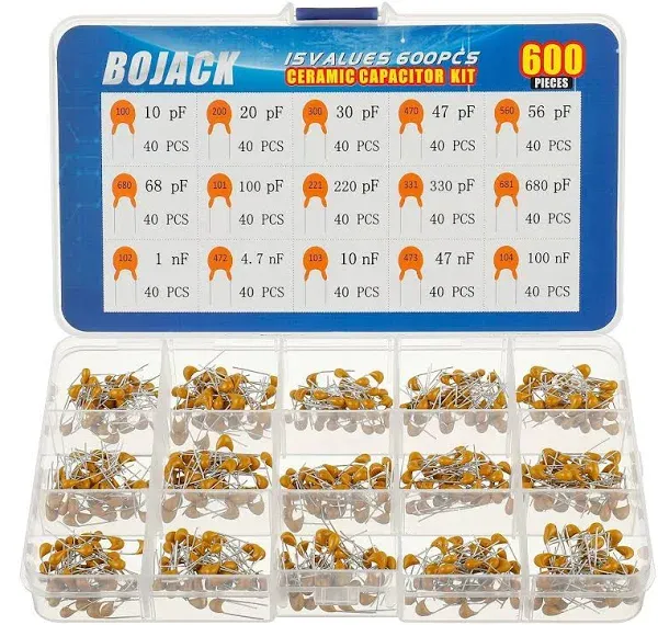 BOJACK 15 Type Values 600Pcs Ceramic Capacitor Assortment Kit Capacitors from 10pf to 100nF in a Box