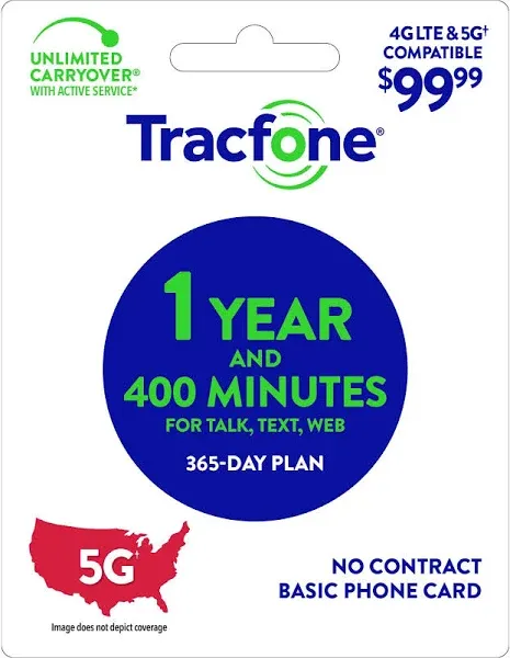 Tracfone 1 Year Plan 365 Days/400 Minutes/400 Txt/400mb *Direct Add 2 your phone