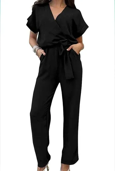 Women's Jumpsuit - Casual Short Sleeve Wrap V Neck Belted Wide Leg Pants