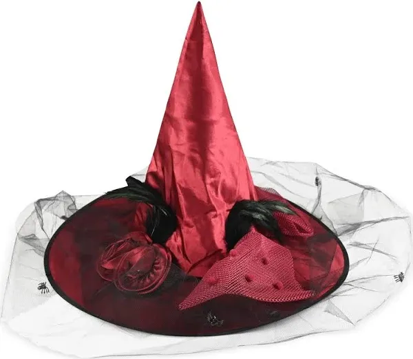 Skeleteen Women's Deluxe Pointed Witch Hat Glamorous Red Witches Accessories Fancy Satin Hat with Bow, Spiders and Black Feathers