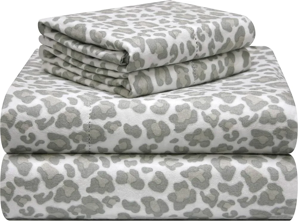 Pointehaven 180 GSM Velvet Feel Luxury 100% Cotton Printed Flannel Sheet Set,4PCS, Queen, Leopard - Warm & Cozy - Pre-Shrunk -Deep Pockets - Elastic All Around-Comfy Double Brushed -