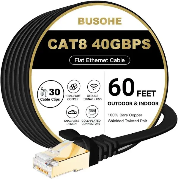 BUSOHE Cat 8 Ethernet Cable 75 FT, 40Gbps 2000MHz Cat8 High Speed Flat Internet Network Patch Cord, SFTP Shielded LAN Wire with Gold Plated RJ45 Connector, with Clips, Outdoor Indoor- 75FT Black