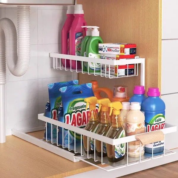 Under Sink Organizers and Storage - Metal Kitchen Bathroom Drawer Organizers and Storage Pull Out Under Cabinet Organizer - Under Kitchen Sink Shelves Sliding Drawers for Kitchen (White, 1 Pack)