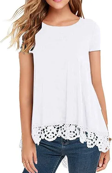 RAGEMALL Women's Tops Short Sleeve Lace Trim O-Neck A-Line Tunic Blouse Tops for Women