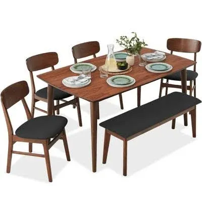 Best Choice Products 6-Piece Mid-Century Modern Upholstered Wooden Dining Set with 4 Chairs and Bench