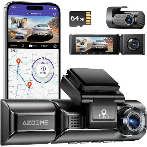 AZDOME 4K 5G WiFi Dash Cam Front and Rear, 3.18" IPS Screen Dashcam for Car,64GB Card Included Dashboard Camera, 4K+1K Dual Dash Cam Built-in GPS WDR IR Night Vision, 24H Parking Mode Black