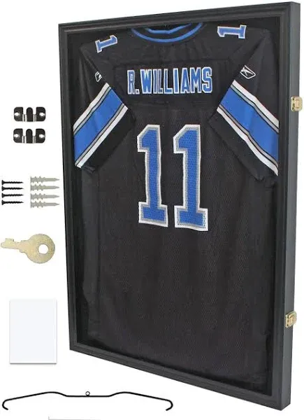 Jersey Display Frame Case Lockable, Large Sport Jersey Shadow Box with 98% UV Protection Acrylic and Hanger for Baseball Basketball Football Soccer Hockey Sport Shirt and Uniform (Black Finish)