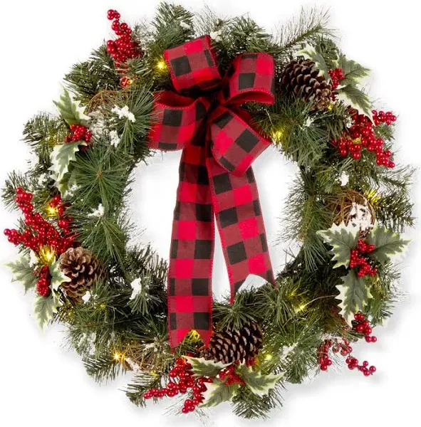 24" LED Pre-Lit Greenery Buffalo Berry Holly Pine cone Rattan Ornament Wreath