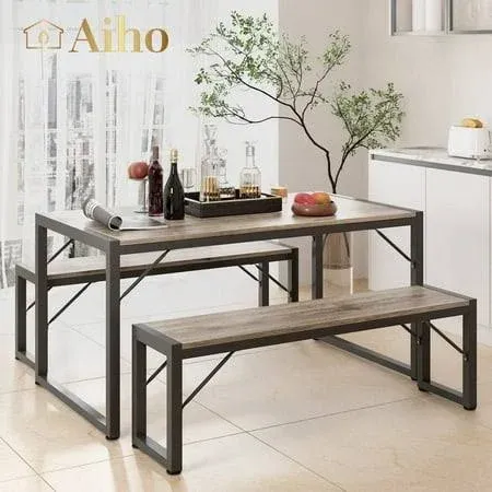 Aiho 45.5 inch Dining Table Set for 4, Kitchen Table with 2 Benches, Wood Dining Room Dinette Sets with Metal Frame for Breakfast Nook and Small Space