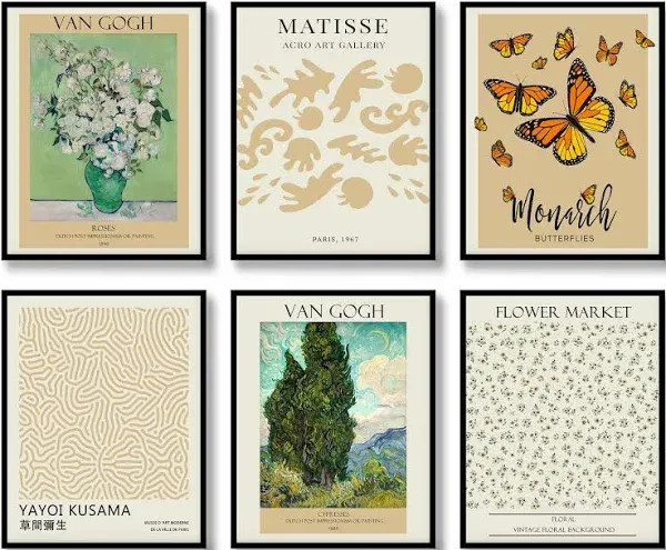 Retro Wall Art Prints Set of 6 Positive Vintage Posters Famous Abstract Illustration Wall Decor Exhibition Aesthetic Flower Market Matisse Picture Canvas Art Painting for Living Room Bedroom (H,