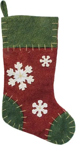 Northlight 20" Green and Red Snowflake Applique Christmas Stocking with Blanket Stitching