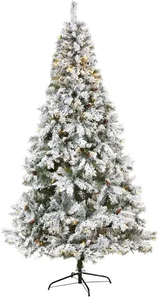 Nearly Natural 8 ft. Flocked White River Mountain Pine Artificial Christmas Tree with Pinecones & 500 Clear LED Lights