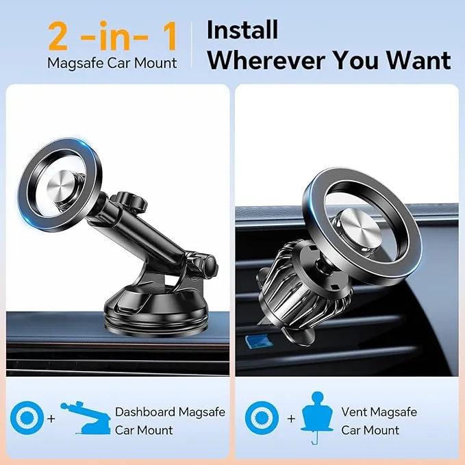 for MagSafe Car Mount【 Windshield + Vent + Dash 】 Magnetic Phone Holder for Car Phone Holder Mount Cell Phone Holders for Your Car Accessories Suction Cup Mount for iPhone 16 Pro Max 15 14 13 12 Plus