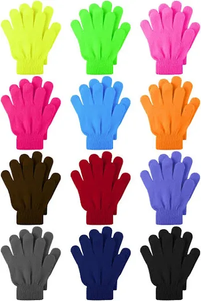 Cooraby 12 Pairs Kids Warm Magic Gloves Teens Winter Stretchy Knit Gloves Boys Girls Knit Gloves