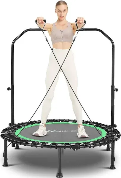 ANCHEER 40" Foldable Mini Trampoline,Max Load 450lbs/550lbs Indoor Trampoline,with 4 Level Adjustable Foam Handle and Resistance Bands,Adult Exercise Trampoline for Home, Garden, and Gym