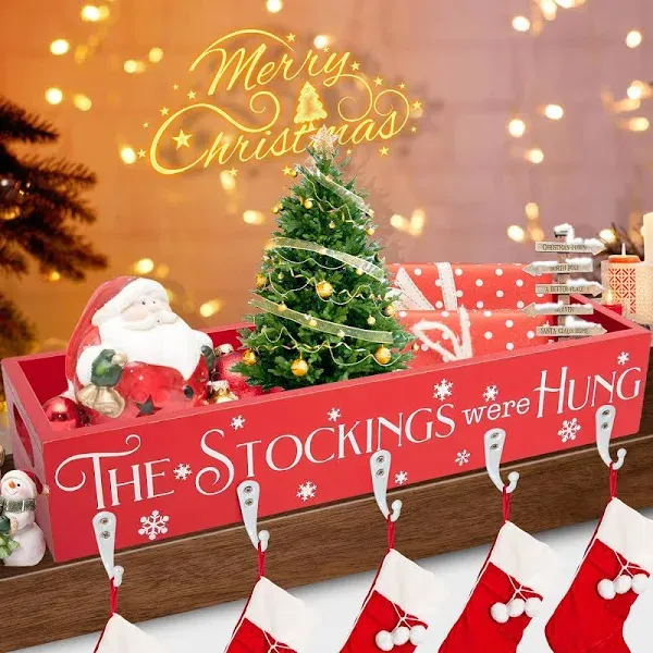 HPC Decor Christmas Stocking Holders, Wooden Box with 5 Hook Stockings Hanger...