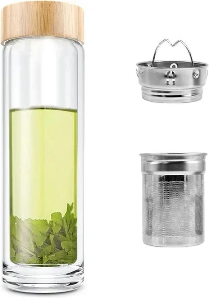 Tea Bottle, 14 oz, Borosilicate Glass, Double Wall, Infuser &amp; Strainer, Bambo...