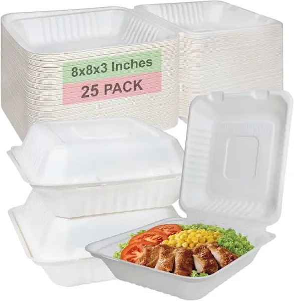 Compostable Square Hinged Clamshell Take Out Food Container 8x8 inch,Heavy 25