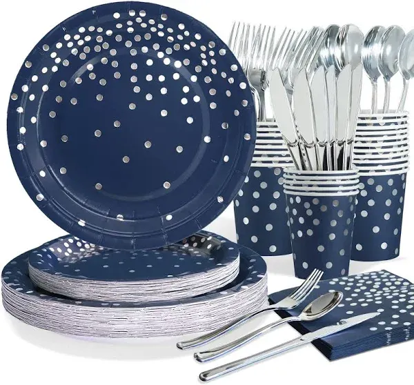 Blue and Silver Party Decorations, Navy Blue Plates and Napkins Party Supplie...