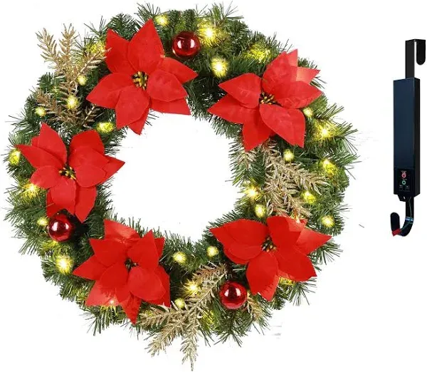 Glowing Petals Solar Christmas Wreath Pre-Lit Solar 50 Led Artificial Wreath for Front Door Window Home Decor Decorated