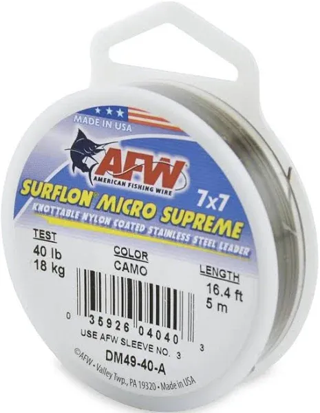 American Fishing Wire Surflon Micro Supreme Nylon Coated 7x7 Stainless Steel Leader Wire - Knottable Wire Leaders for Fishing Saltwater, Fly Fishing, 13lb Test - 90lb Test, Bright, Black & Camo Colors