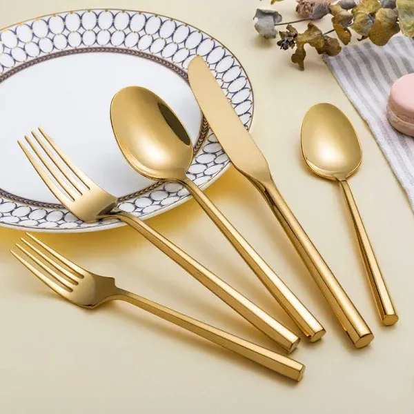 Silverware Set Flatware Set Shiny Gold Cutlery Set with Hexagon Handle Forged Stainless Steel Heavy 20 Pieces