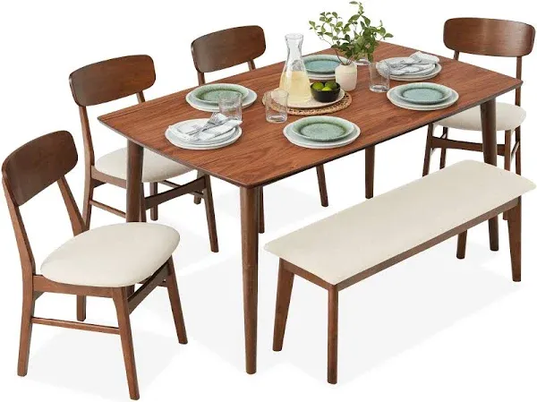 Best Choice Products 6-Piece Mid-Century Modern Upholstered Wooden Dining Set with 4 Chairs and Bench