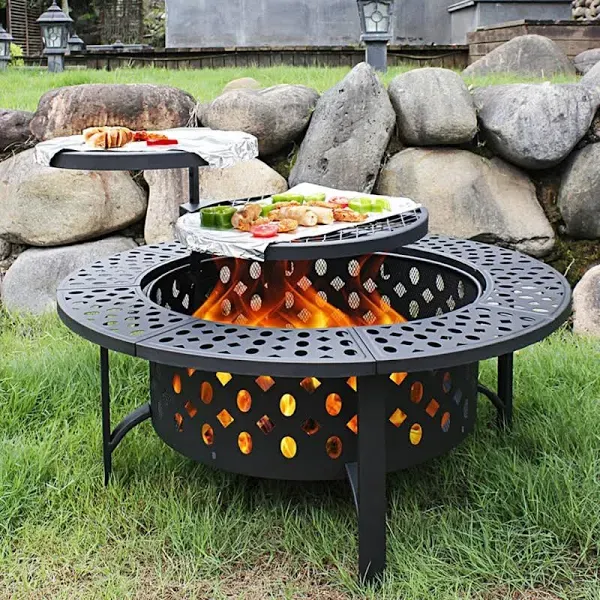 36&#034; Fire Pit 2 Grills Outdoor Wood-burning Fire Pit Poker with Cover Round Water