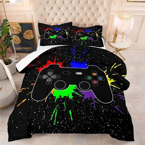 lris Bedding Gaming Bedding Set Size Gamer Comforter Set for Boys Girls Kids Teens Soft Microfiber Colorful Modern Buttons Video Game Bedding