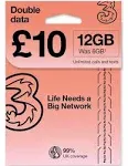 Prepaid Europe (UK Three) Sim Card 12gb data+3000 minutes+3000 Texts for 30 Days