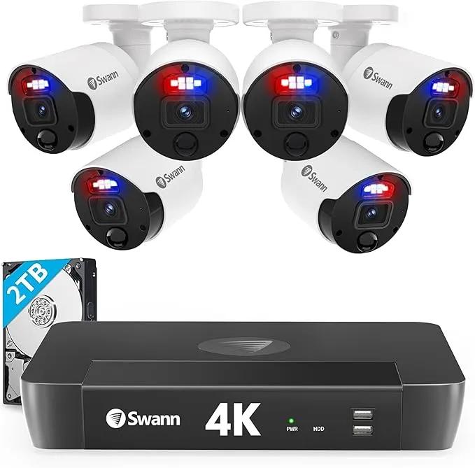 Swann 4K UHD Home Security Camera System, 8 Channel NVR with 2TB, 6 Indoor Outdoor Bullet IP Cameras, PoE Cat5e Wired, Video Analytics, 2-Way Audio, Sirens, Color Night Vision, True Detect, 889806