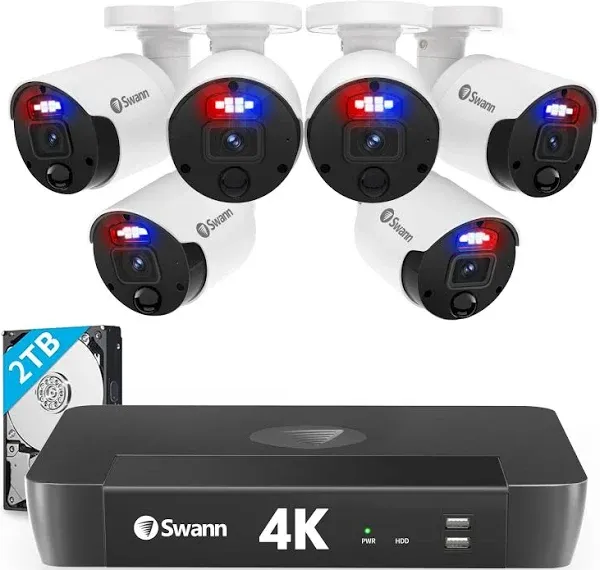 Swann 4K UHD Home Security Camera System, 8 Channel NVR with 2TB,8 Indoor Outdoor Bullet IP Cameras, PoE Cat5e Wired, Video Analytics, 2-Way Audio, Sirens, Color Night Vision, True Detect, 889808