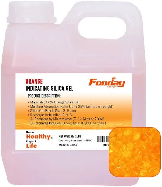 2lbs Fonday Premium Moisture Indicating Silica Gel Desiccant Beads Orange to Green (Industry Standard 3-5 mm) - Rechargeable