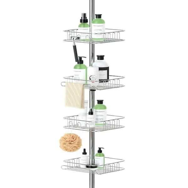 SEIRIONE Rustproof Shower Corner Caddy Organizer for Bathroom, Freestanding Tension Pole with 4 Baskets, for Bathtub Shampoo Storage, 56 to 114 Inch Height